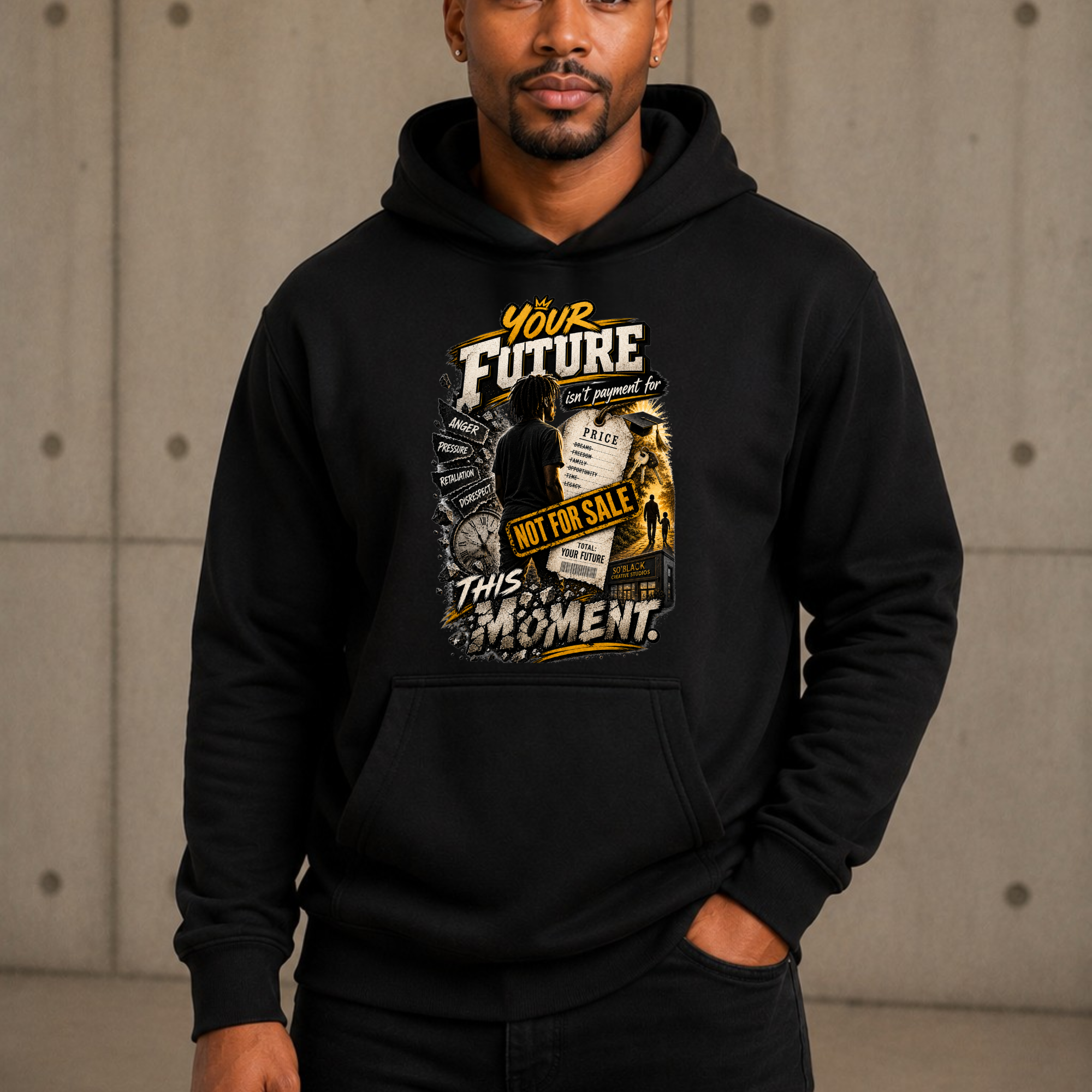 Your Future Isn’t Payment for This Moment Streetwear hoodie in Black with bold future-focused graphic