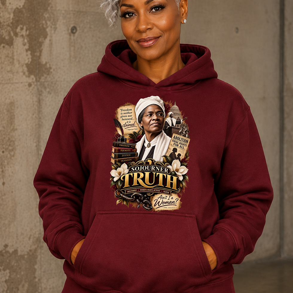 Sojourner Truth Legacy Black History hoodie in burgundy with historical portrait artwork.
