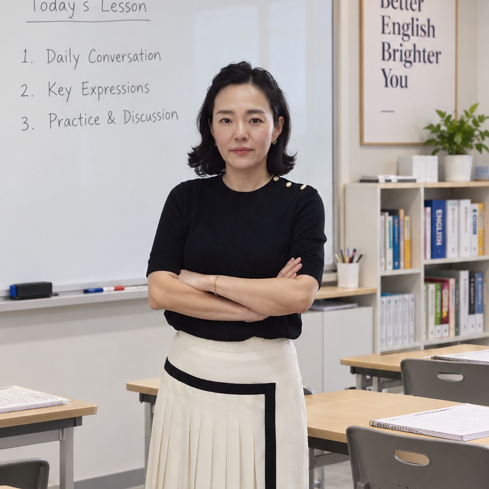 Vertical portrait of an academy principal standing confidently in a classroom