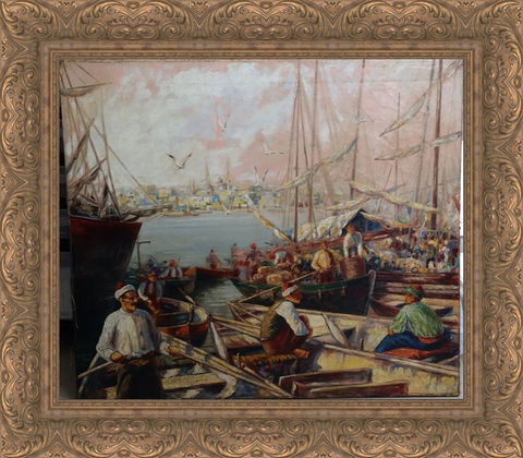 Oil Painting Seascape Sailing vessels - Visualization Conservation Framing Choices 2 - Tindells Restoration