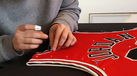 Conservation Mounting - Bull Michael Jordan signed Red M&N 1997-98 HWC Authentic Jersey - Stage #1 - Tindell's Restoration