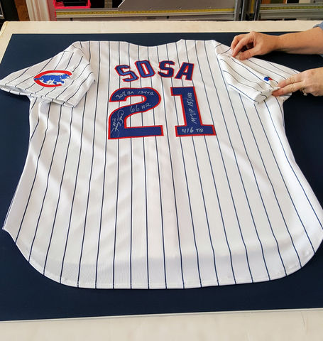 Sammy Sosa Autographed Pinstripe Chicago Cubs Authentic Jersey - Stage #1 Conservation Mounting - Tindell's Restoration