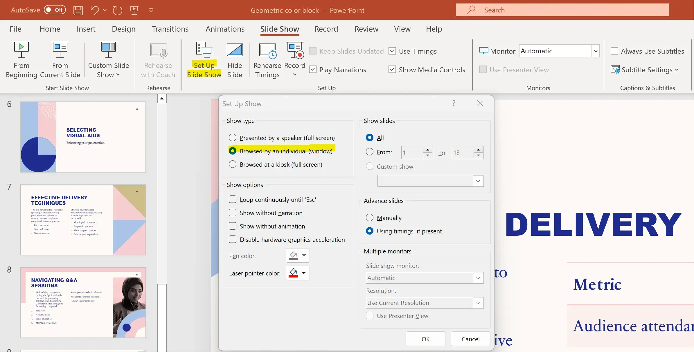 Microsoft PowerPoint Slide Show settings to play in a Window