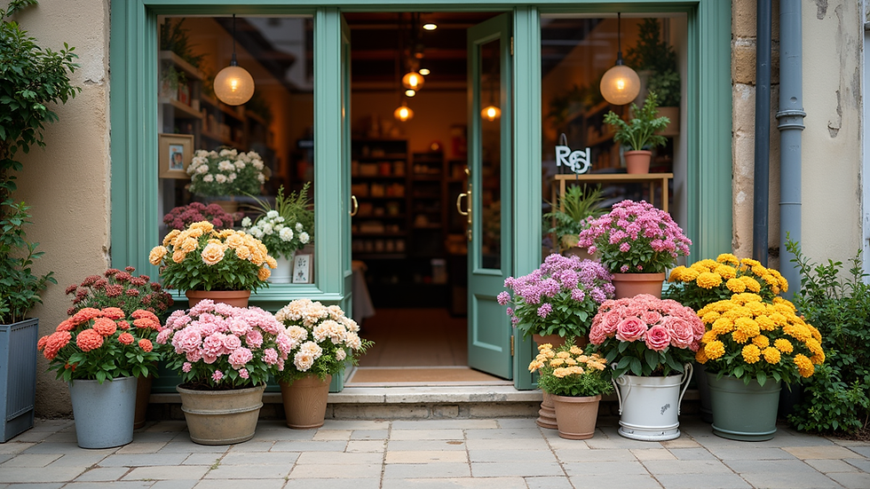 Eye-level view of a charming flower shop storefront with colourful blooms outside