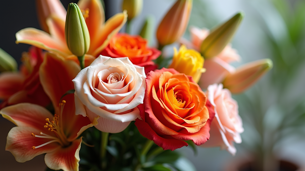 Close-up view of a vibrant mixed bouquet with roses and lilies
