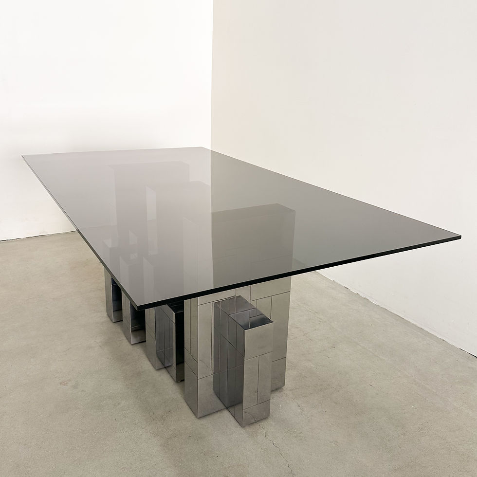 Thumbnail: Vintage 1970s Paul Evans Cityscape Dining Table – Gunmetal Base, Smoked Glass