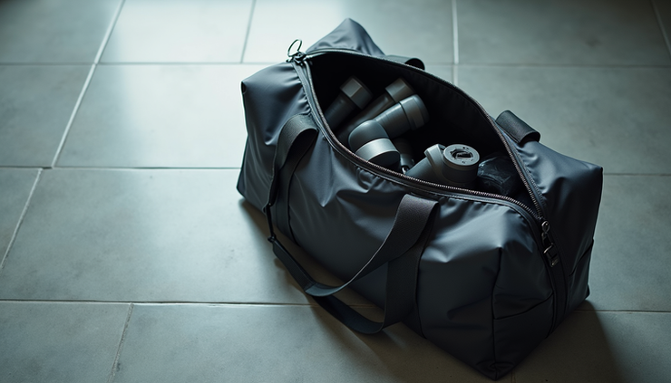 High angle view of a lightweight gym bag on a tiled floor with workout gear inside