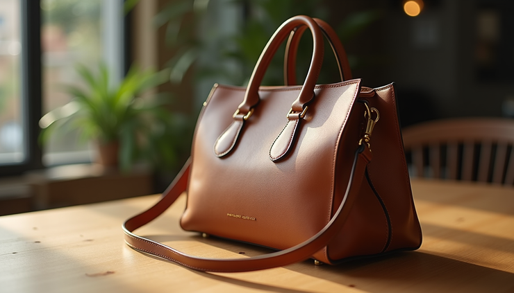 Close-up view of a stylish leather handbag on a wooden table