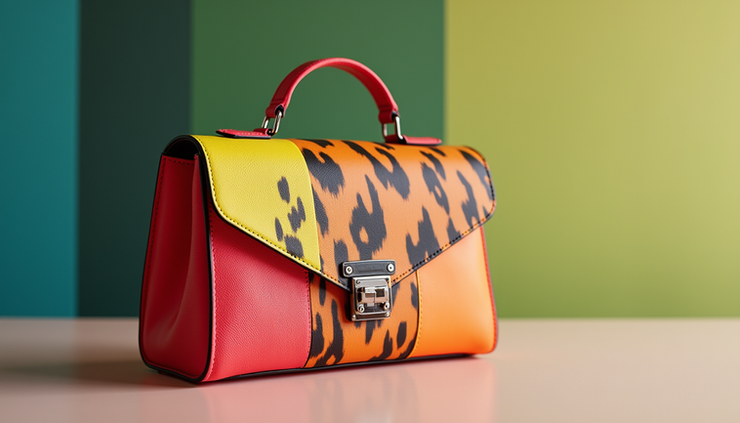 Eye-level view of a handbag with bright color blocks and abstract patterns