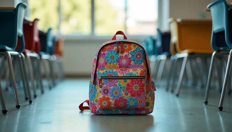 High angle view of a colorful school backpack with fun patterns on a classroom floor