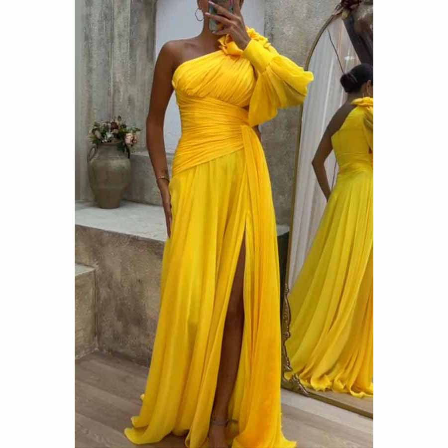 Miniatura: Vestido de manga comprida de chiffon com ombro oblíquo INS casual