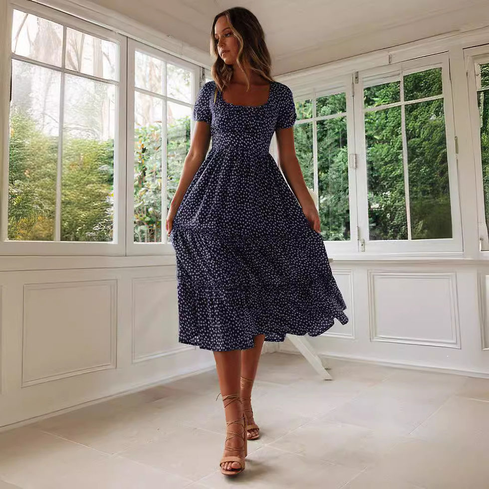 Miniatura: Vestido de manga curta com gola quadrada, verão, puff floral, estampado,