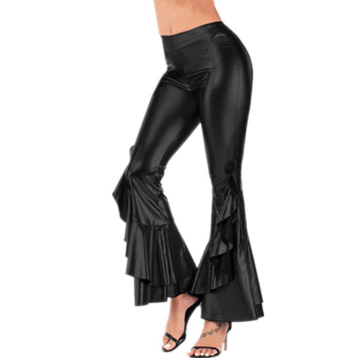 Miniatura: Calça feminina boca de sino irregular, brilhante, justa, imitação de couro