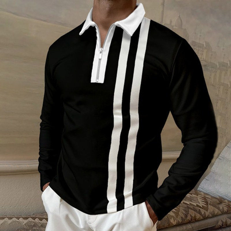 Miniatura: Camisa polo solta de manga comprida com gola de lapela masculina