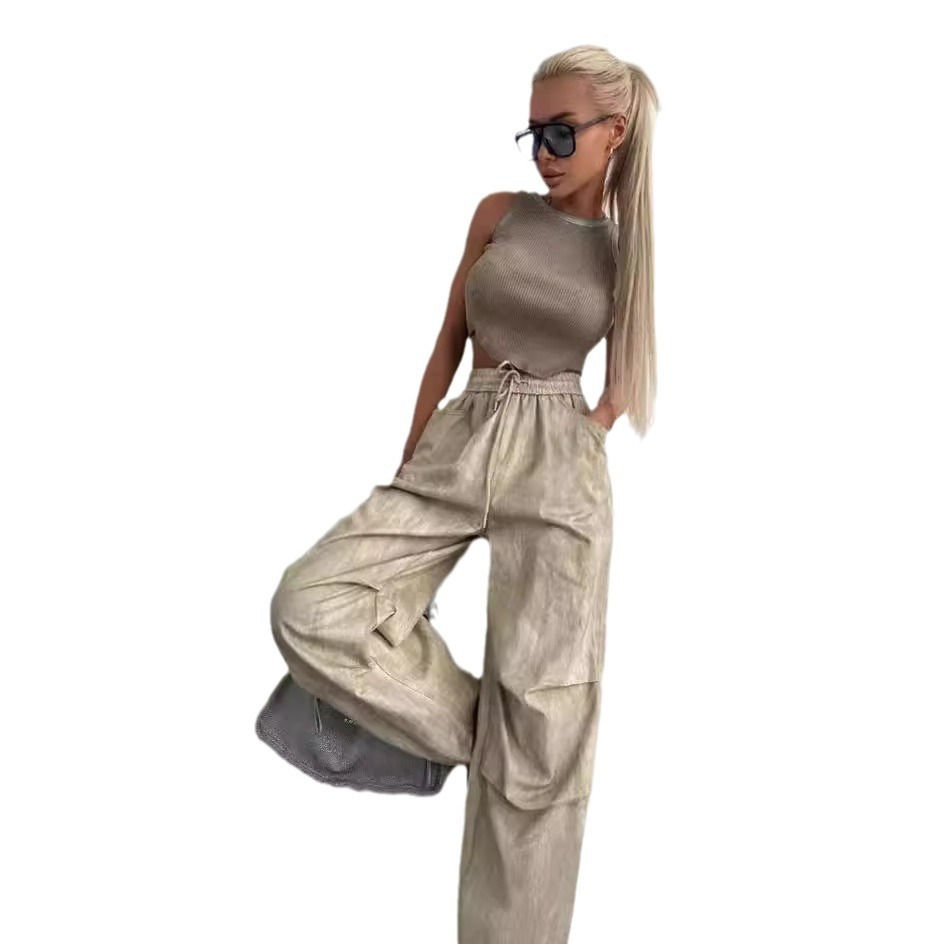 Miniatura: Calça reta casual de verão com pernas largas feminina
