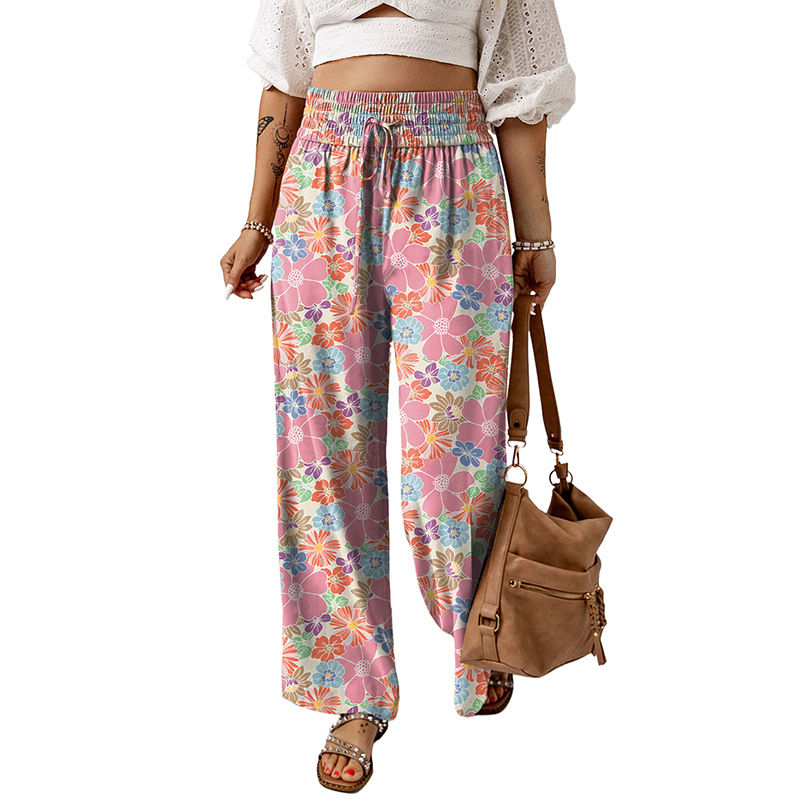 Miniatura: Calça feminina casual solta elástica estampa floral cintura alta perna larga