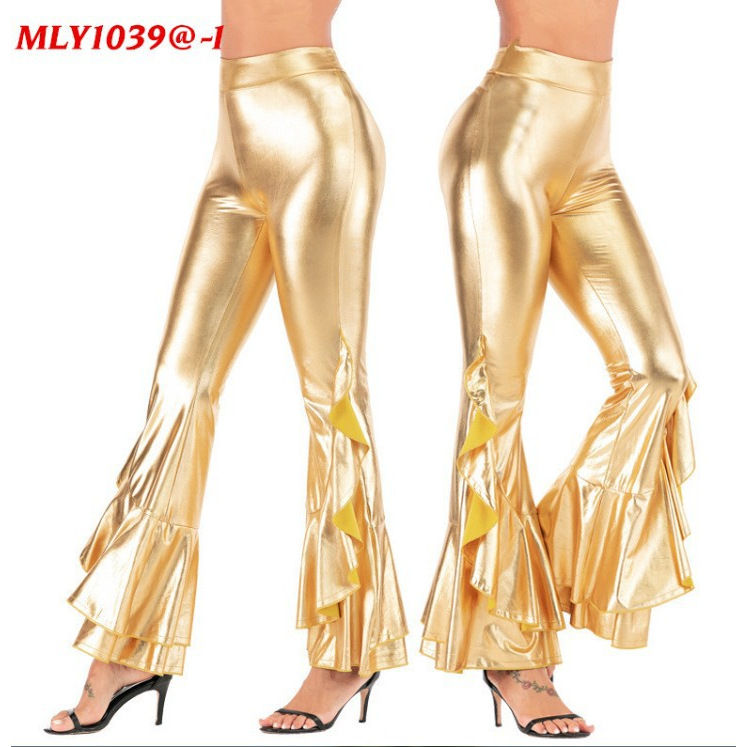 Miniatura: Calça feminina boca de sino irregular, brilhante, justa, imitação de couro