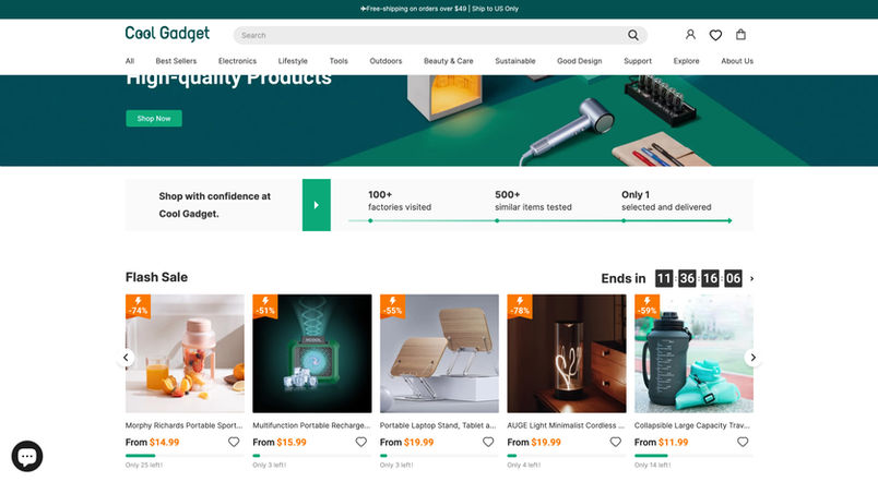 Screenshot of Cool Gadget Shopify store showing various gadgets; social media pages with posts and ads attracting engagement and driving sales.