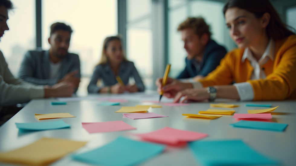 Close-up view of a creative team brainstorming with colorful sticky notes