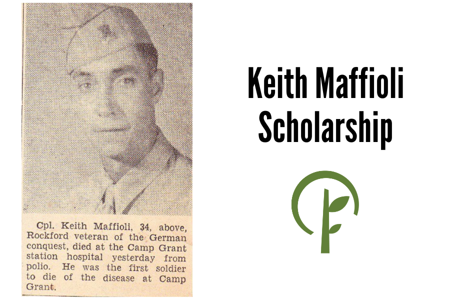 Image of newspaper article announcing the death of Corporal Keith Maffioli. Community Foundation of Northern Illinois logo.
