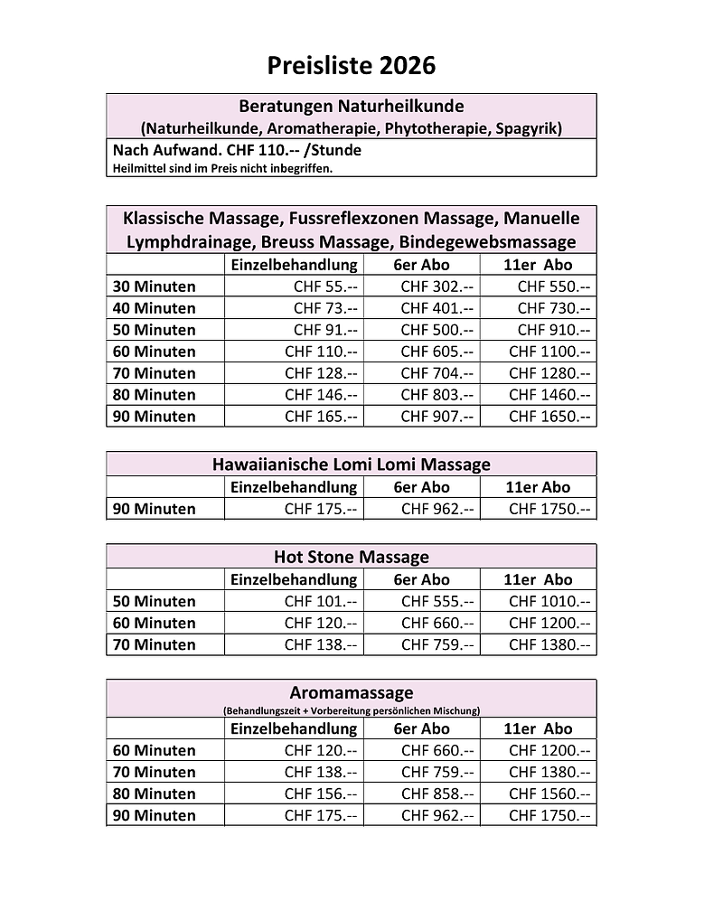 Preisliste der Praxis Fleur d’Aloha