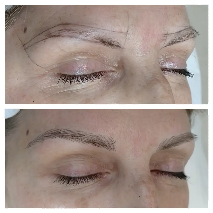 A before and after image of a woman who received a microblading treatment