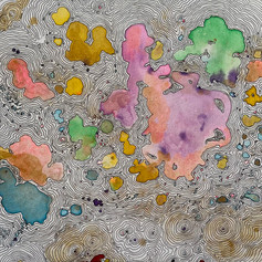 Mixed media - watercolor, ink, glitter paint on board, 'Islands and Vibrations', 8"x10"