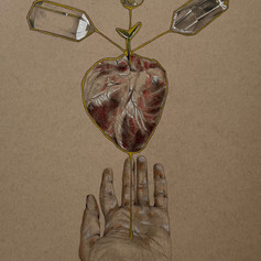 Mixed media - colored pencil, ink, marker, acrylic paint on toned paper of anatomical heart and crystals, 'Its In Your Hands', 12"x9"