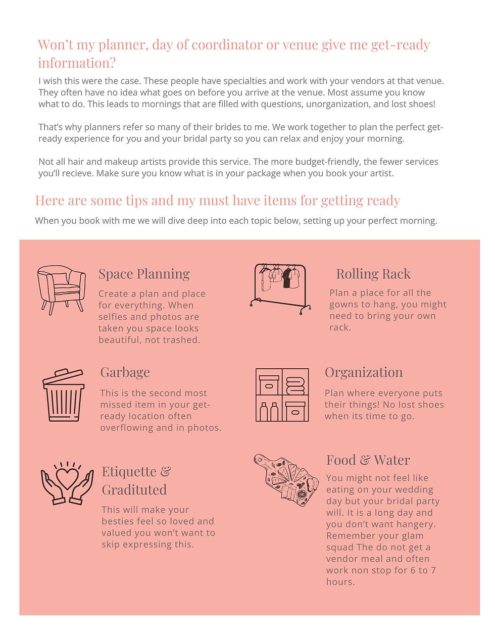 Wedding prep guide with tips: Space Planning, Rolling Rack, Garbage, Organization, Etiquette, Food. Pink and white layout with icons.