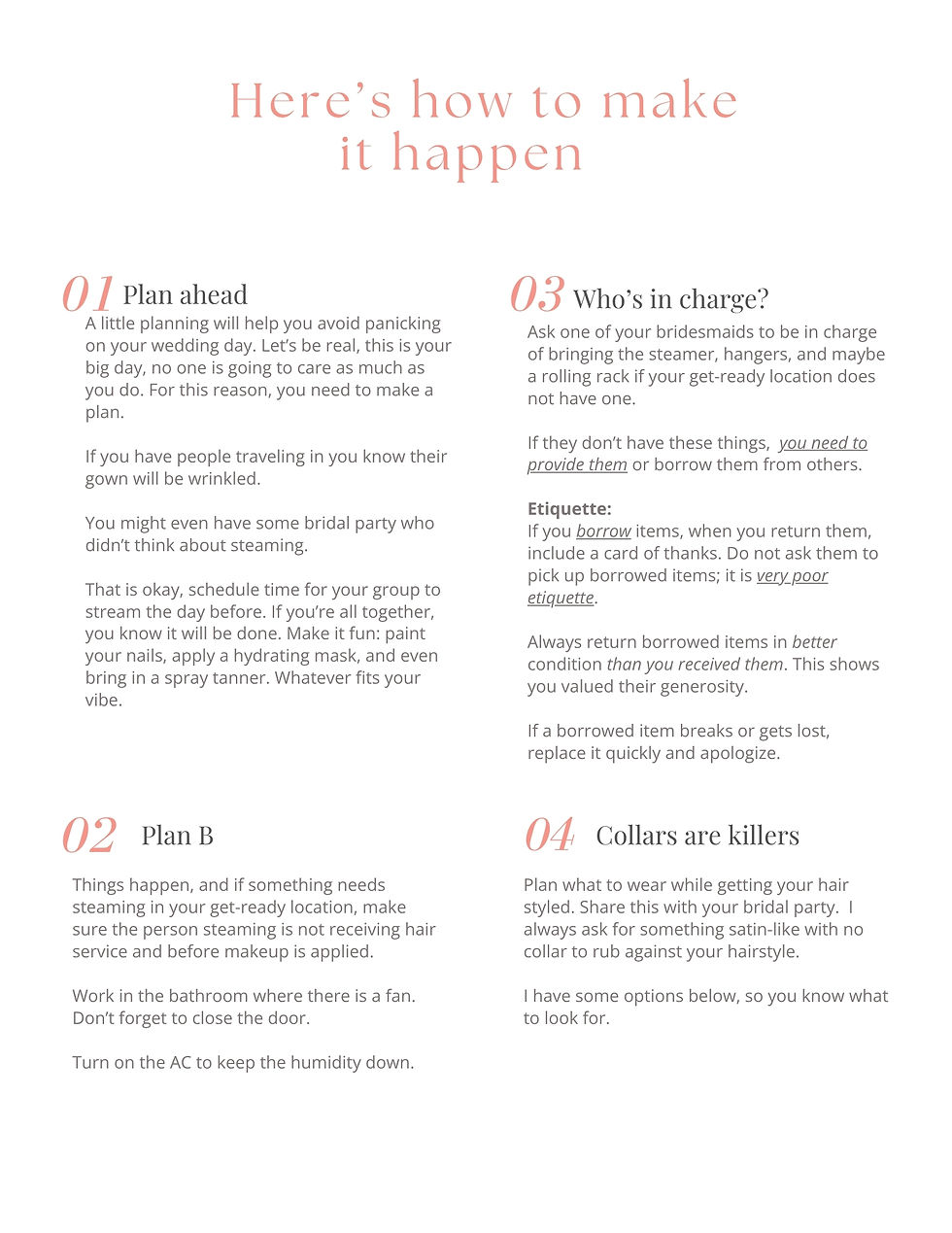 Text listing wedding day planning tips: "Plan ahead," "Plan B," "Who's in charge?," and "Collars are killers." All for your get ready location.
Tan and white background.