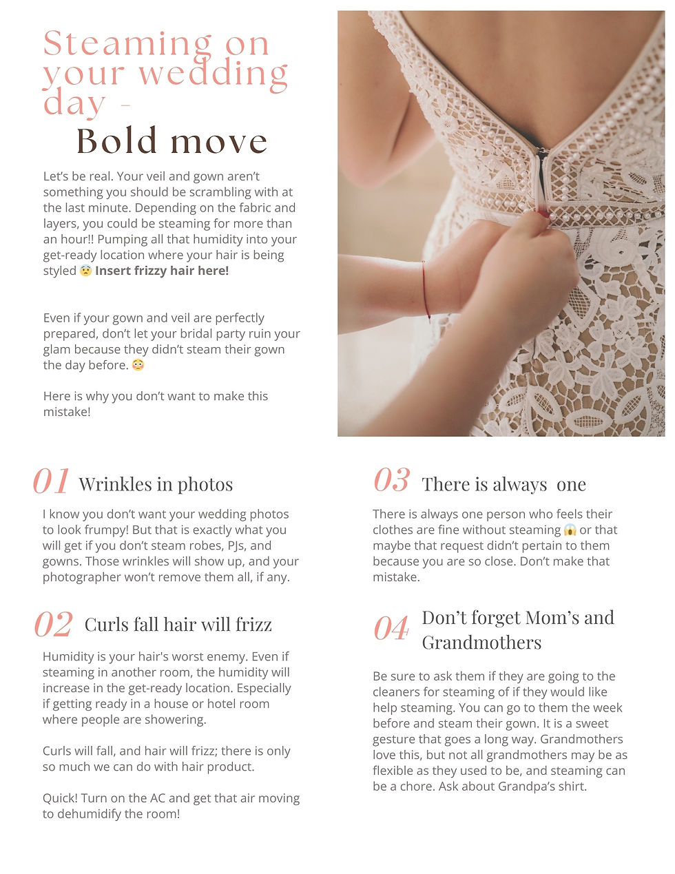 Close-up of hands zipping a lace wedding gown. Text advises steaming clothes early to avoid hair frizz, wrinkles, and stress on wedding day.