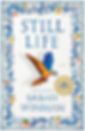 A brightly colored parrot against a backdrop of ceramic tiles decorated in blue swirls and orange fruit; cover of Sarah Winman's Still Life