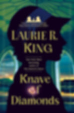Silhouette of a woman in a cloche hat, seen in profile against a pair of arched windows opening onto a rural scene of river, hills, and grassland, all shaded in green; cover of Laurie R. King's Knave of Diamonds