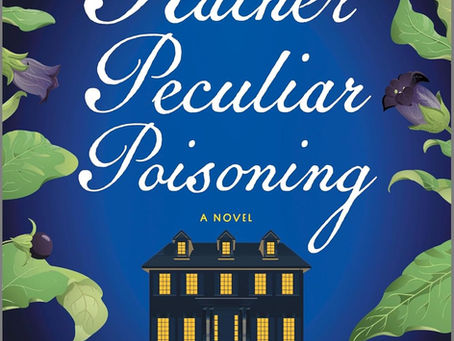 A dark mansion, lit from within against a blue backdrop ringed by leaves and purple flowers; cover of Chrystal Schleyer, A Rather Peculiar Poisoning