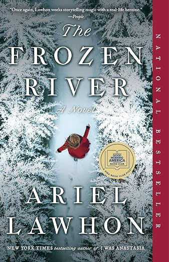 A woman in a red coat, seen from above as she walks through a snowy path with fir trees on both sides; cover of Ariel Lawhon's The Frozen River
