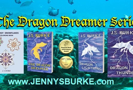 Against a background of ocean and fish, three book covers featuring dragons and a fourth showing snowflakes designed for coloring; the works of J.S. Burke