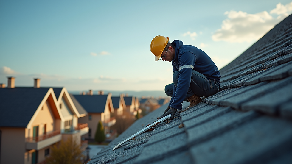 Eye-level view of a roofing contractor inspecting a roof for damage