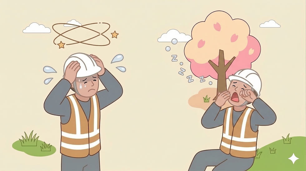 たちくらみ・あくびをしている作業員のイラスト