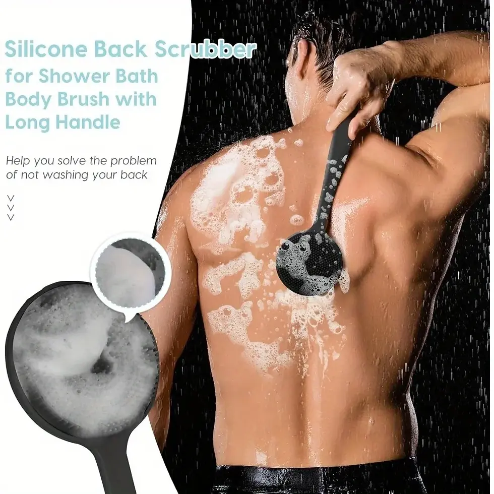 Thumbnail: Silicone Back Scrubber Brush for Shower  Long Handle Body Deep Cleansing