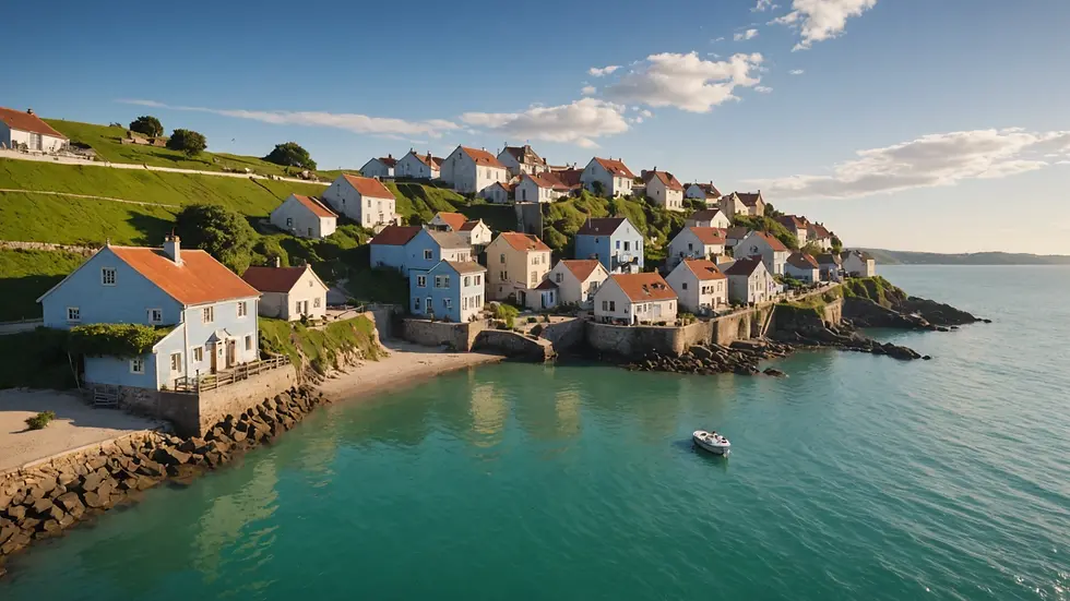 Wide angle view of a coastal village threatened by rising sea levels