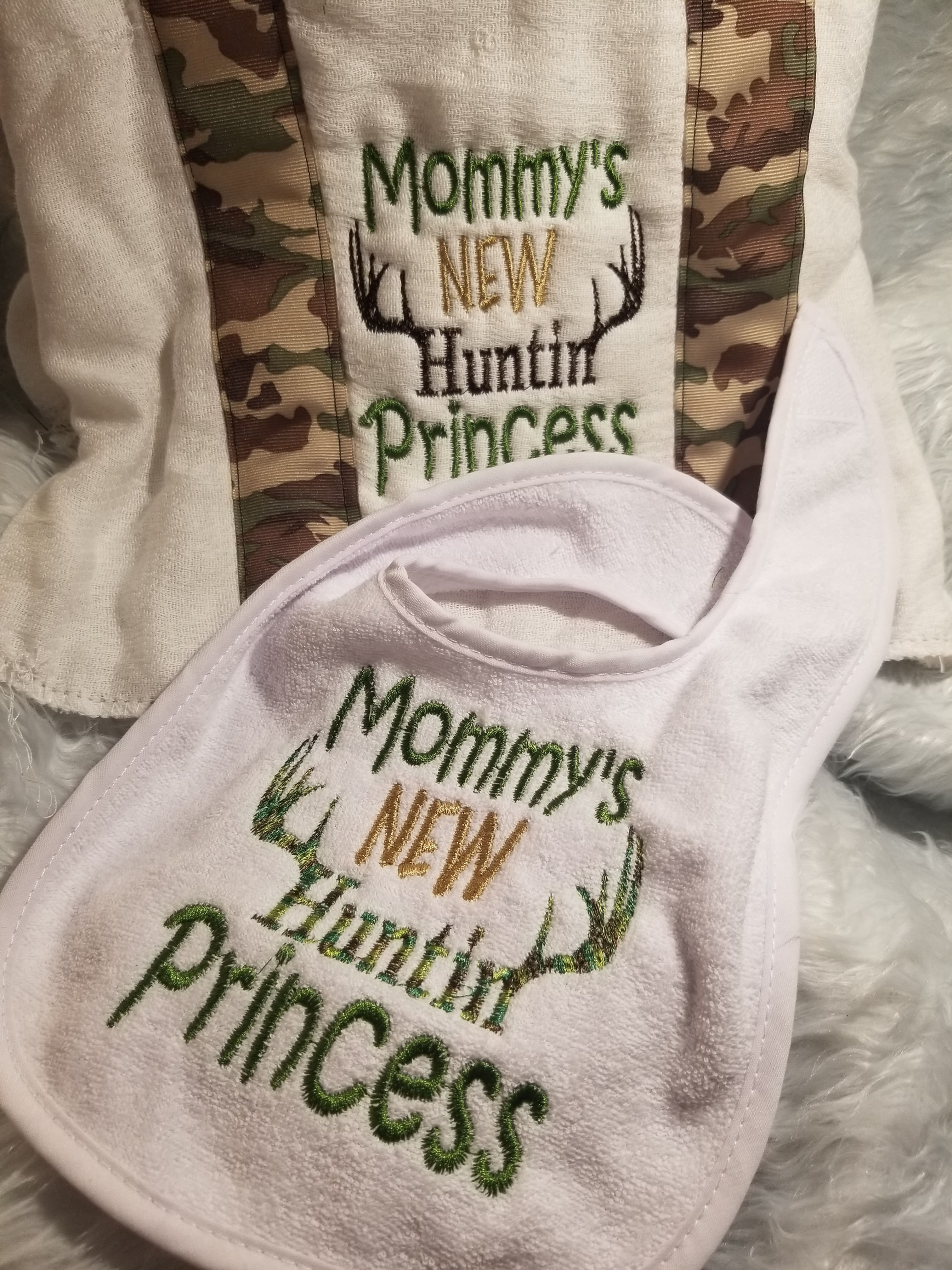 Mommy's NEW huntin Princess embroidered & Ribbon lined Bib and Burpcloth set