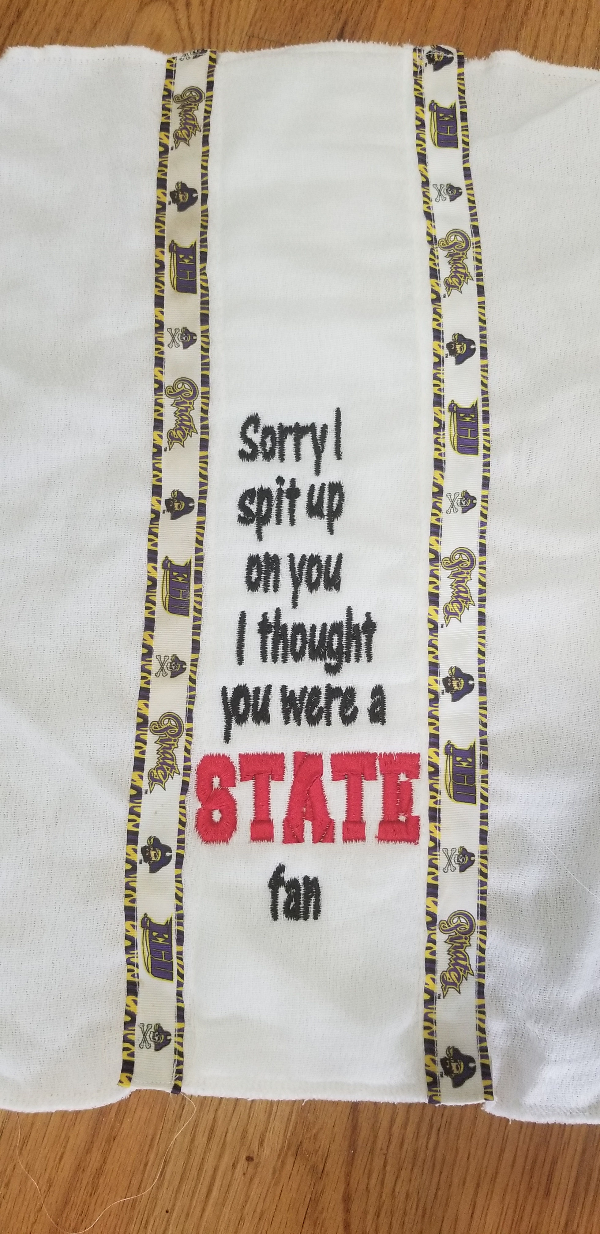 "Sorry I spit up on you I thought you were a _____fan" Burpcloth