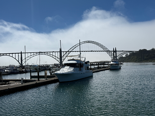 Two yachts parked in front of a bridge in the pacific northwest