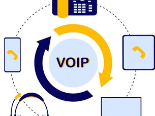 VOIP concept image: Circular flow illustrating phone, headset, laptop, and arrows. Blue and yellow color scheme. Text: "VOIP."