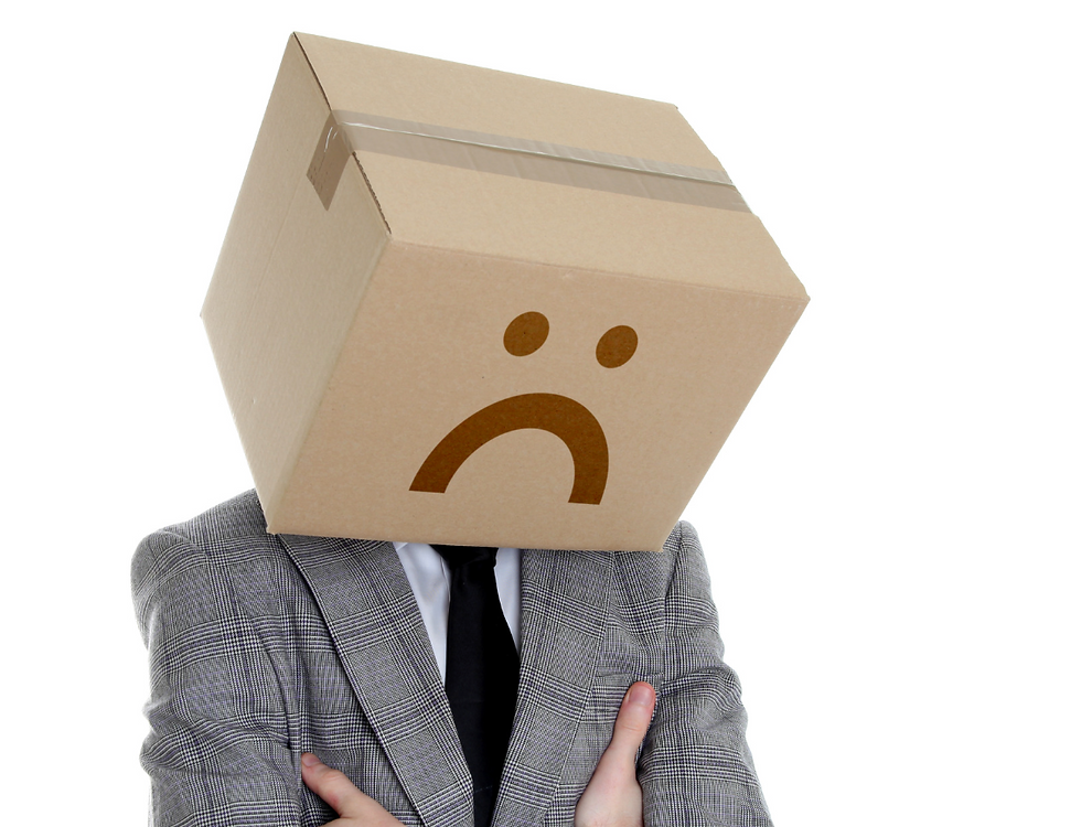 Business professional with a cardboard box on their head displaying a sad face, symbolizing data loss and IT frustration. Protect your business with reliable data backup & recovery in Little Rock.