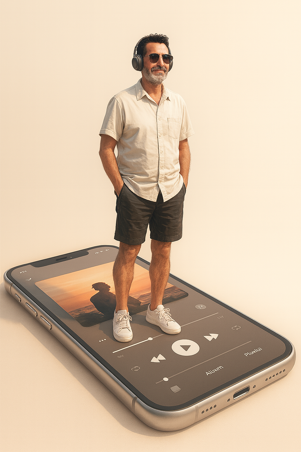 פרומפט: אמנות מיניטורית גבר עומד על סמארטפון