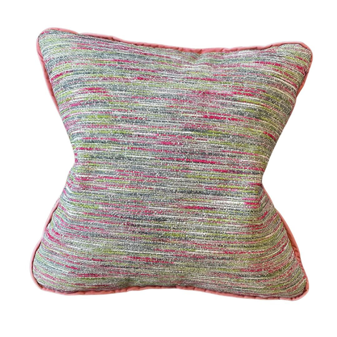 Pink And Green woven textured cushions with Pink Velvet Trim. 61 X61cm