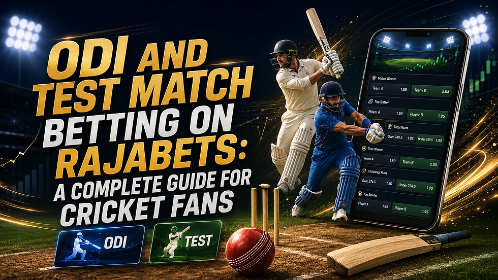 ODI and Test match betting guide on Rajabets featuring cricket players in Test and ODI uniforms, mobile betting odds screen, red cricket ball, bat, wickets, stadium lights, and gold sports betting graphics.