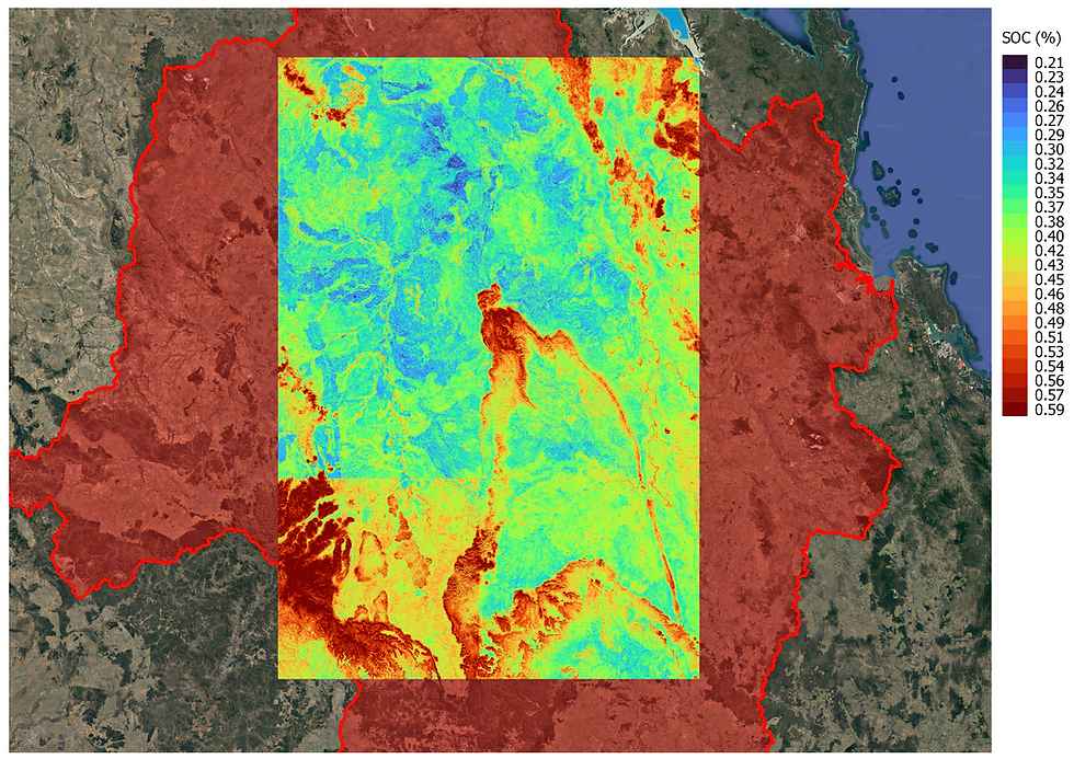 Figure 5: SOC visualizations over Google Sat for predicted SOC and ground truth (Fitzroy Basin extent in red). Top: ground truth (CSIRO soil data). Bottom: predicted SOC.