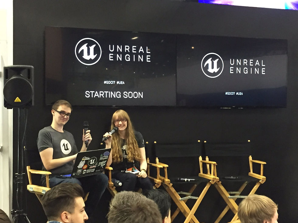 Myself and fellow community manager Alex smile at the camera as we get ready for interviewing the next developers on the Unreal Engine booth at GDC.